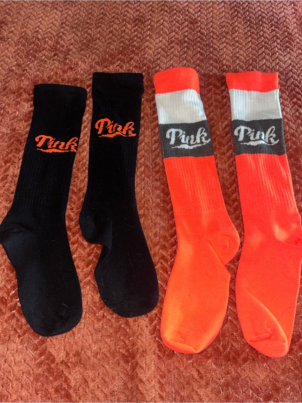 2 pairs PINK Victoria's Secret Crew Socks - Black and Bright Orange